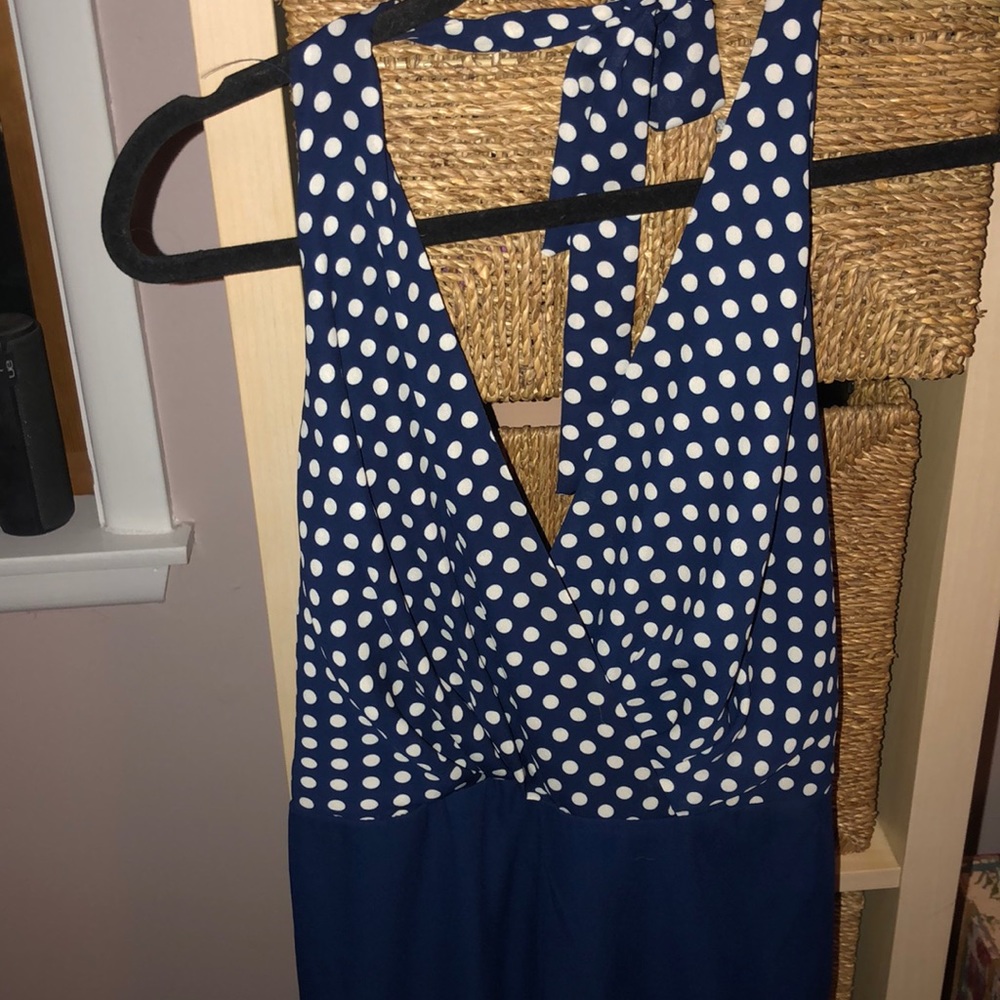 Francesca’s blue polka dot jumpsuit
